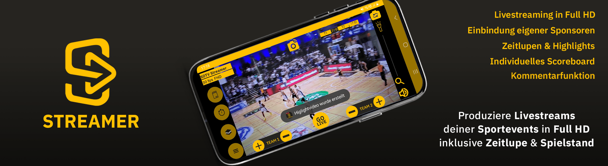 Die Sportdeutschland.TV Streamer-App ist zu sehen. Produziere Livestreams deiner Sportevents in Full HD inklusive Zeitlupe und Spielstand.